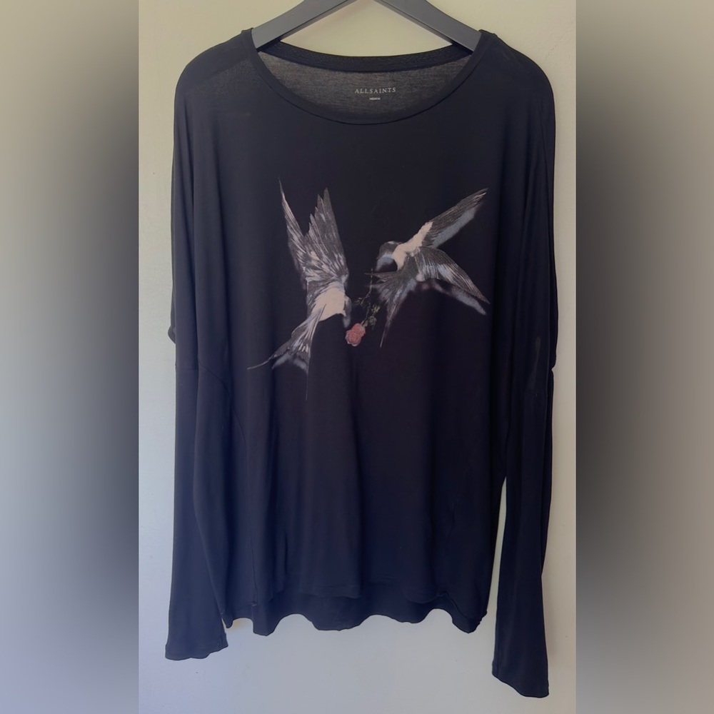 All Saints Black Long Sleeve Top with Bird Print and elbow cut out detail. Sz M